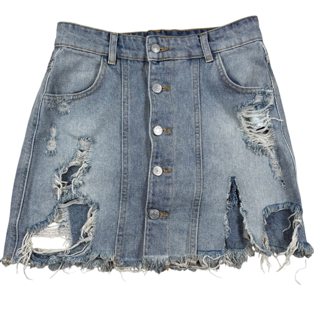 Free People Denim Mini Skirt Womens 2 Blue Distressed Ripped Grunge Boho Indie